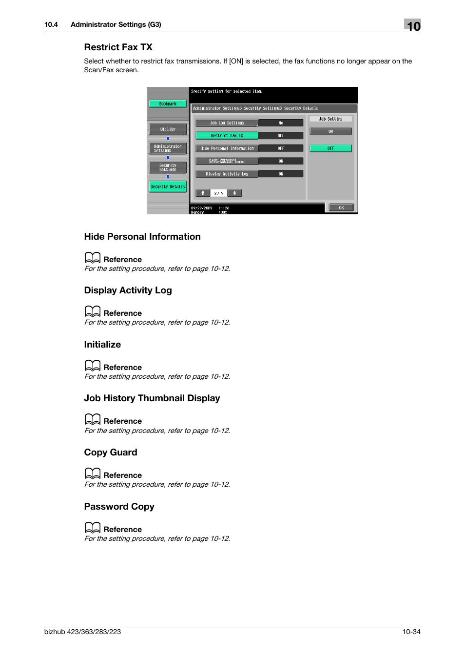 Restrict fax tx, Hide personal information, Display activity log | Initialize, Job history thumbnail display, Copy guard, Password copy, Copy guard -34 password copy -34 | Konica Minolta BIZHUB 223 User Manual | Page 246 / 319