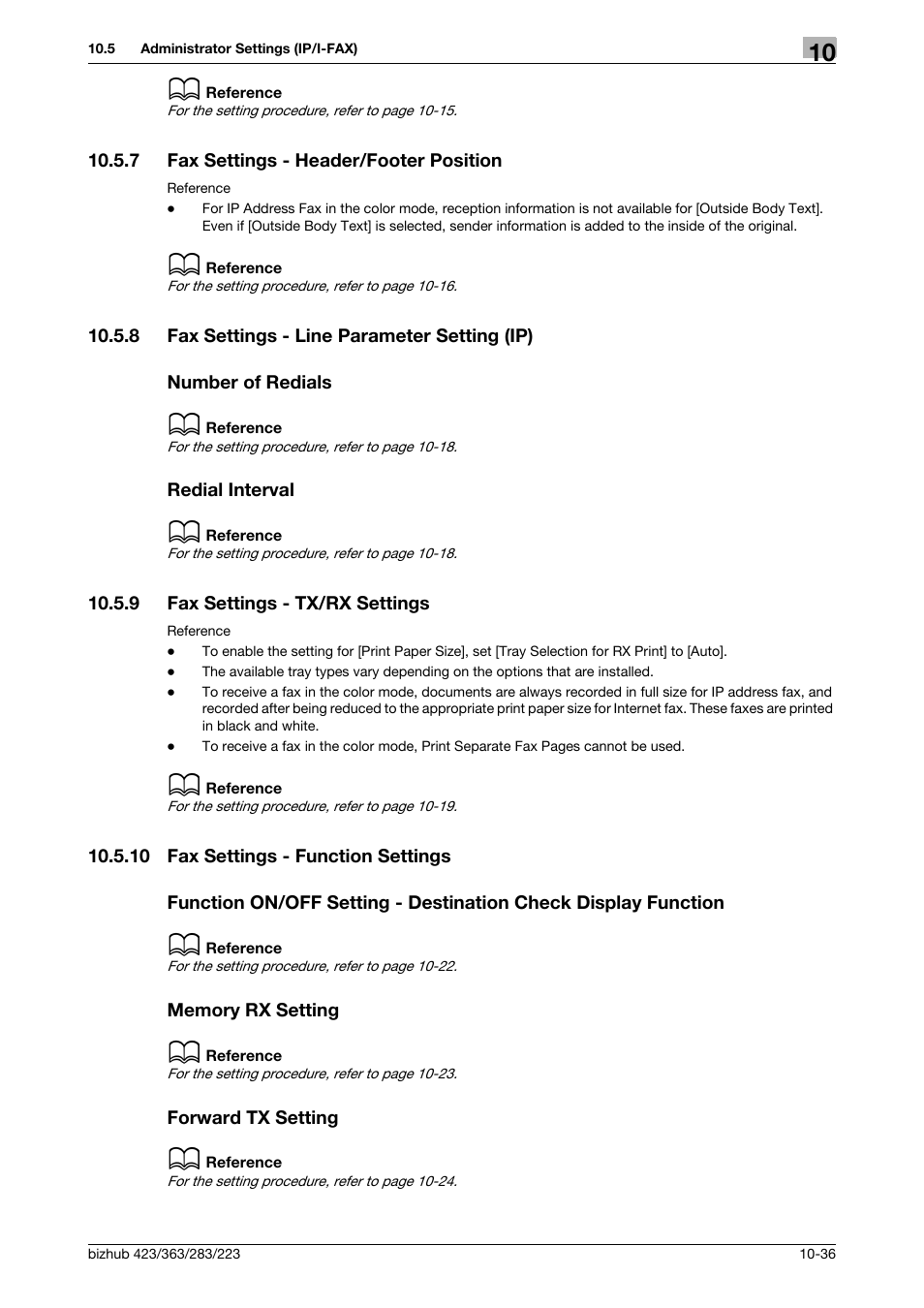 7 fax settings - header/footer position, 8 fax settings - line parameter setting (ip), Number of redials | Redial interval, 9 fax settings - tx/rx settings, 10 fax settings - function settings, Memory rx setting, Forward tx setting, Fax settings - header/footer position -36, Fax settings - tx/rx settings -36 | Konica Minolta BIZHUB 223 User Manual | Page 248 / 319