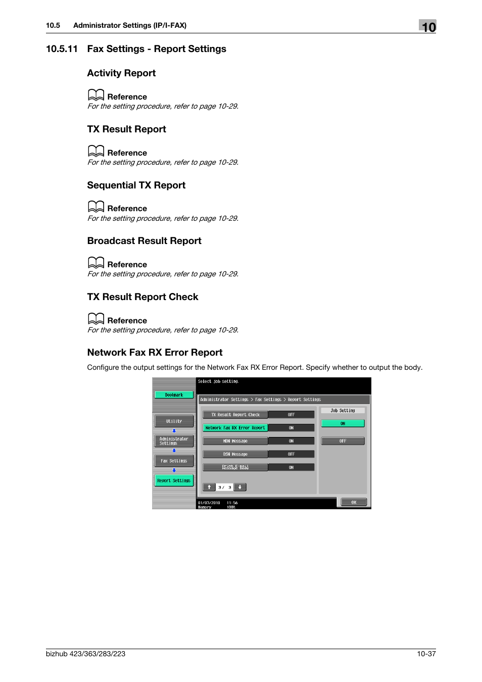 11 fax settings - report settings, Activity report, Tx result report | Sequential tx report, Broadcast result report, Tx result report check, Network fax rx error report, P. 10-37) | Konica Minolta BIZHUB 223 User Manual | Page 249 / 319