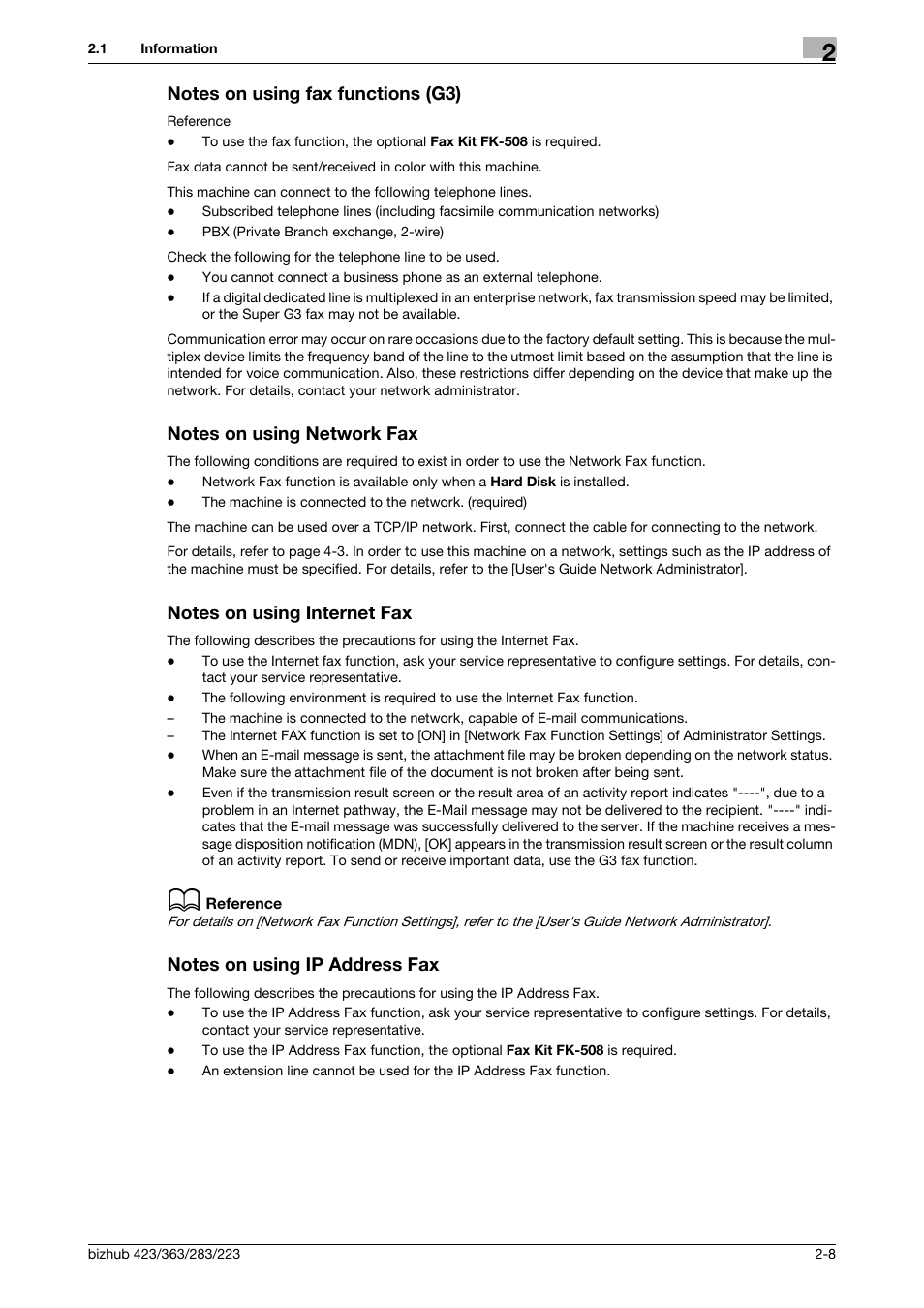 Notes on using fax functions (g3), Notes on using network fax, Notes on using internet fax | Notes on using ip address fax | Konica Minolta BIZHUB 223 User Manual | Page 25 / 319