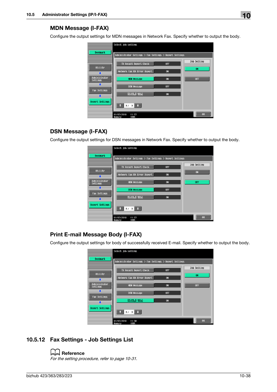 Mdn message (i-fax), Dsn message (i-fax), Print e-mail message body (i-fax) | 12 fax settings - job settings list, Fax settings - job settings list -38, P. 10-38), P. 10-38 | Konica Minolta BIZHUB 223 User Manual | Page 250 / 319