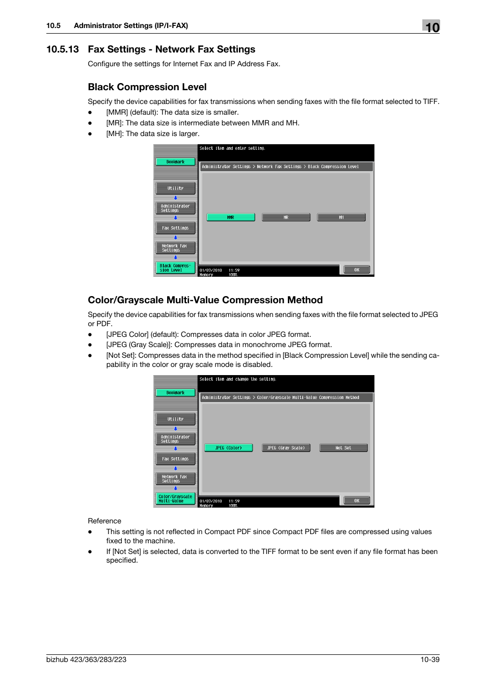 13 fax settings - network fax settings, Black compression level, Color/grayscale multi-value compression method | P. 10-39) | Konica Minolta BIZHUB 223 User Manual | Page 251 / 319