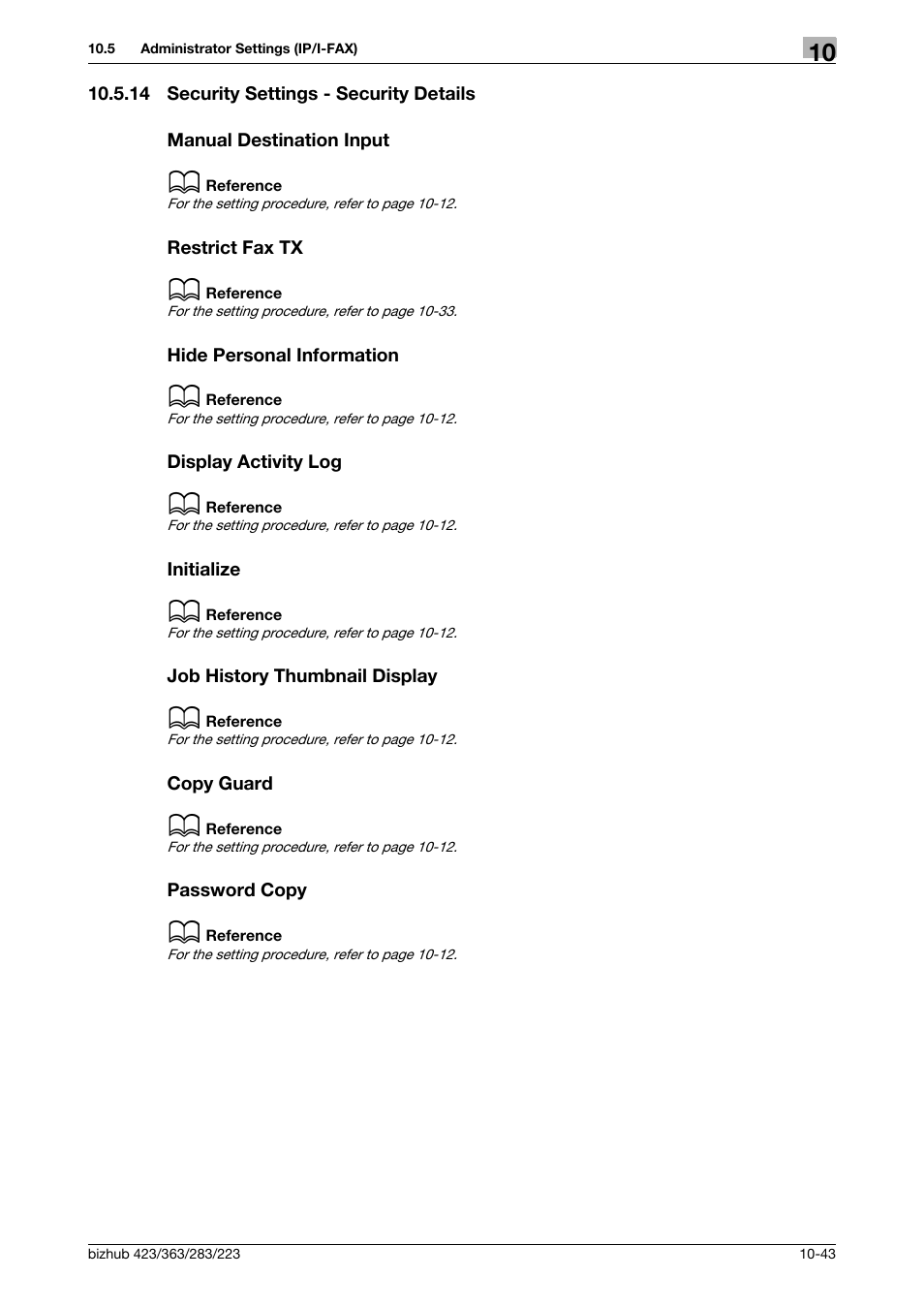 14 security settings - security details, Manual destination input, Restrict fax tx | Hide personal information, Display activity log, Initialize, Job history thumbnail display, Copy guard, Password copy | Konica Minolta BIZHUB 223 User Manual | Page 255 / 319