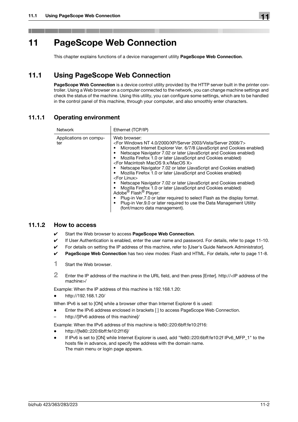 1 operating environment, 2 how to access, Operating environment -2 | How to access -2, 11 pagescope web connection, 1 using pagescope web connection | Konica Minolta BIZHUB 223 User Manual | Page 257 / 319