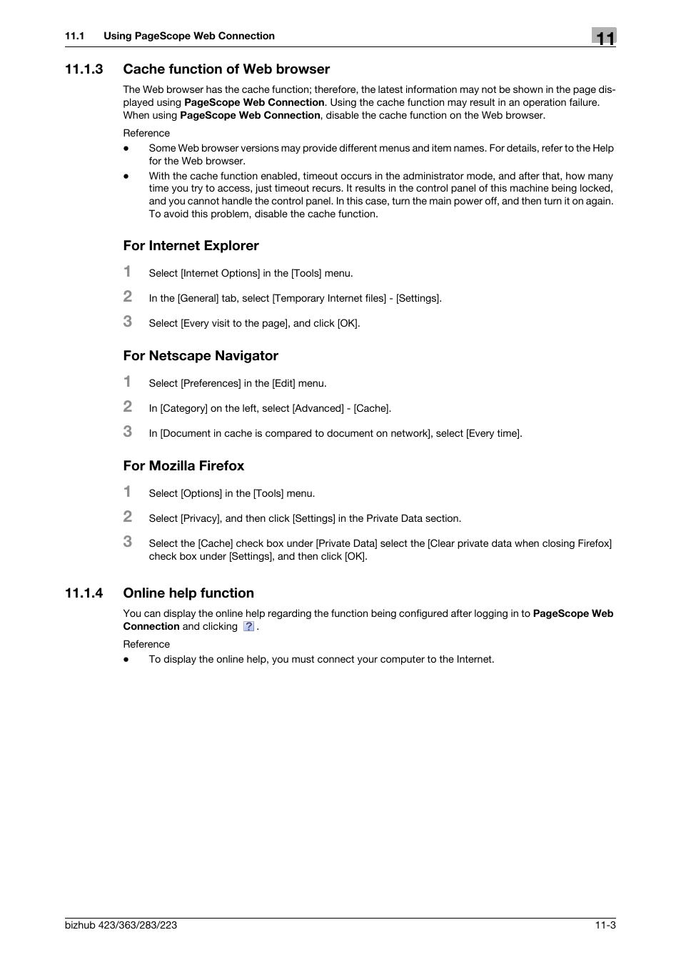 3 cache function of web browser, For internet explorer, For netscape navigator | For mozilla firefox, 4 online help function, Online help function -3 | Konica Minolta BIZHUB 223 User Manual | Page 258 / 319