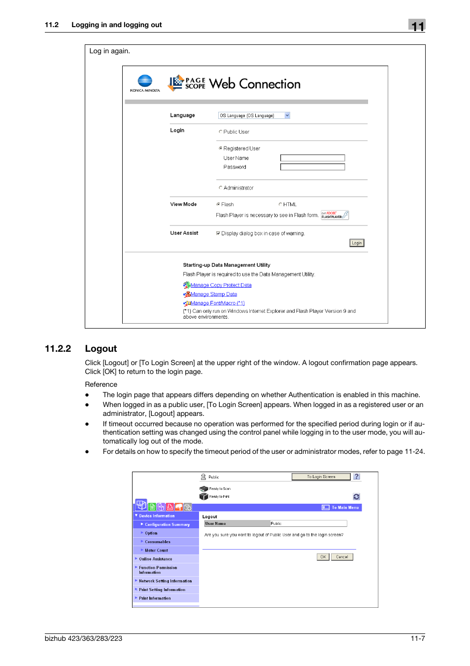 2 logout, Logout -7 | Konica Minolta BIZHUB 223 User Manual | Page 262 / 319