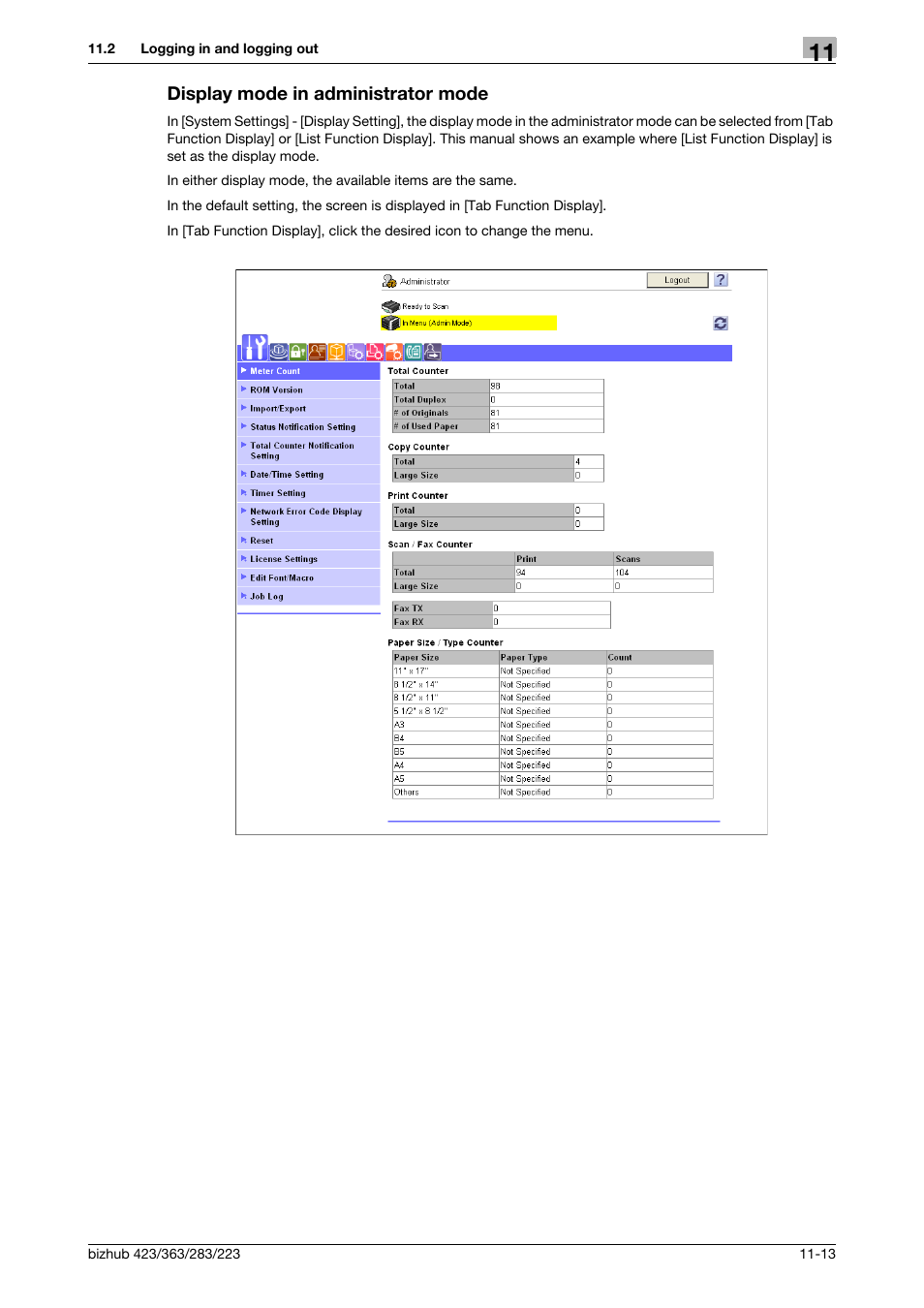 Display mode in administrator mode, Display mode in administrator mode -13 | Konica Minolta BIZHUB 223 User Manual | Page 268 / 319