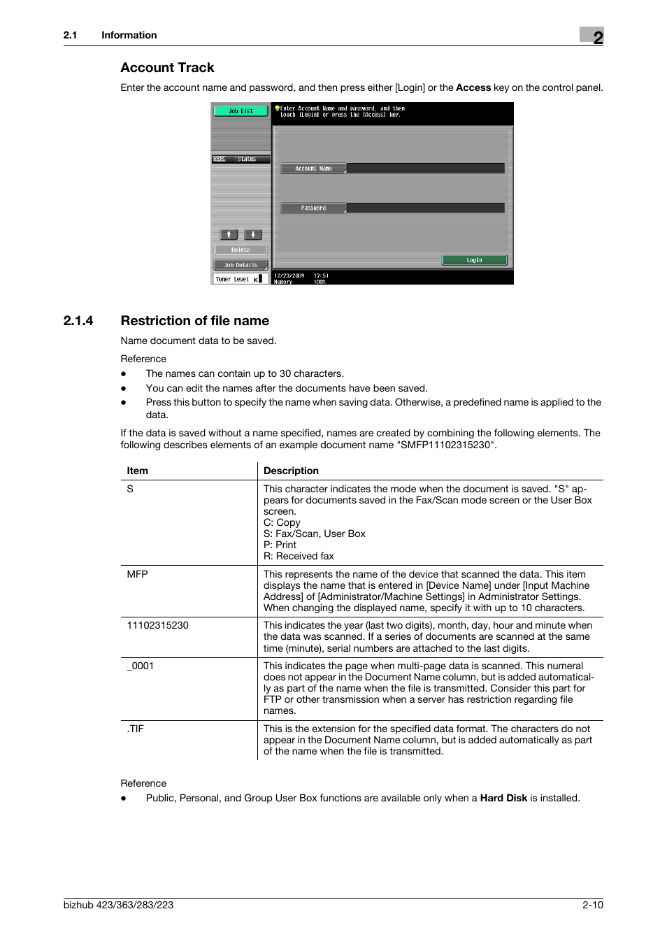 Account track, 4 restriction of file name, Account track -10 | Restriction of file name -10 | Konica Minolta BIZHUB 223 User Manual | Page 27 / 319