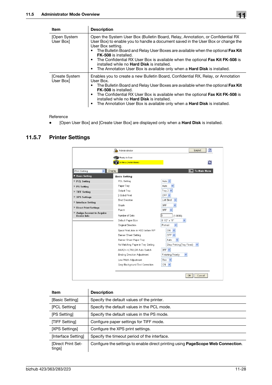7 printer settings, Printer settings -28 | Konica Minolta BIZHUB 223 User Manual | Page 283 / 319