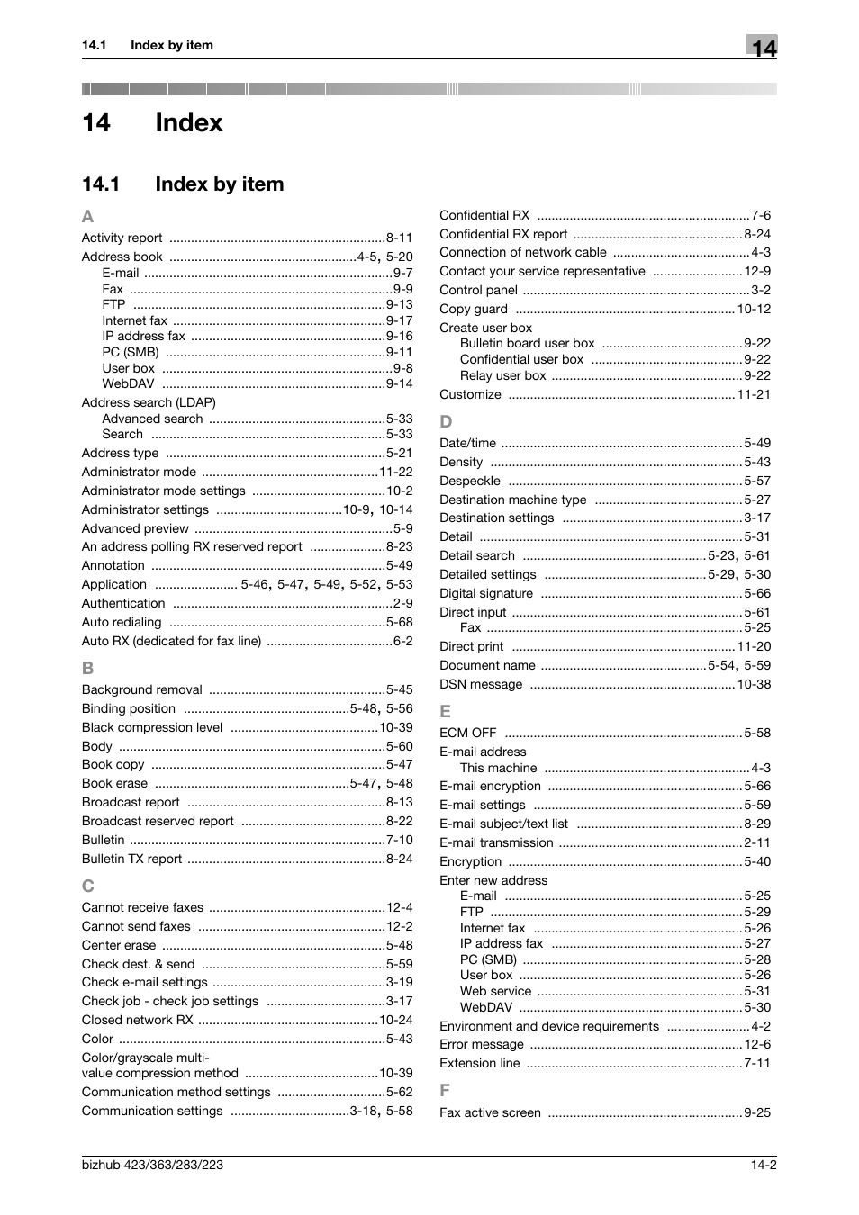 14 index, 1 index by item, Index | Index by item -2 | Konica Minolta BIZHUB 223 User Manual | Page 312 / 319