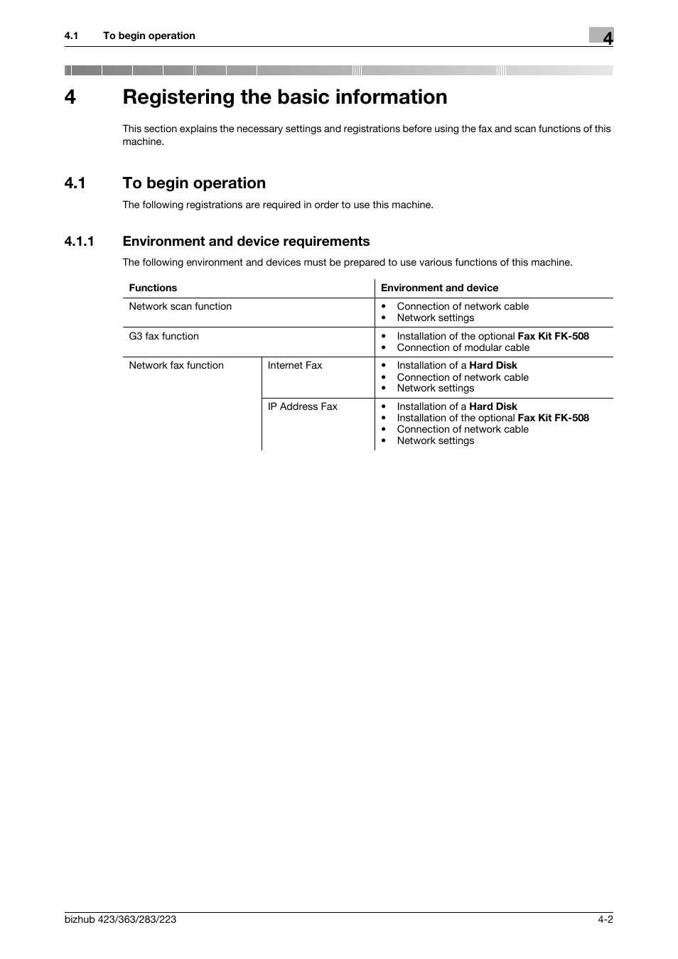 4 registering the basic information, 1 to begin operation, 1 environment and device requirements | Registering the basic information, To begin operation -2, Environment and device requirements -2, 4registering the basic information | Konica Minolta BIZHUB 223 User Manual | Page 55 / 319