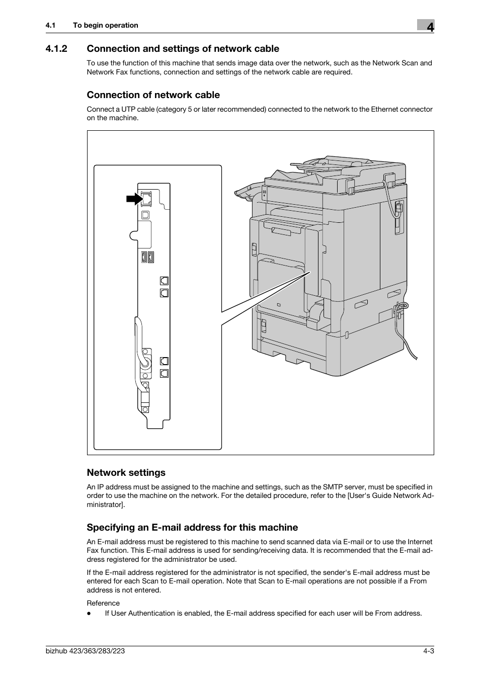 2 connection and settings of network cable, Connection of network cable, Network settings | Specifying an e-mail address for this machine | Konica Minolta BIZHUB 223 User Manual | Page 56 / 319