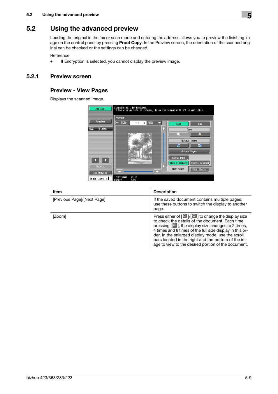 2 using the advanced preview, 1 preview screen, Using the advanced preview -9 | P. 5-9) | Konica Minolta BIZHUB 223 User Manual | Page 70 / 319