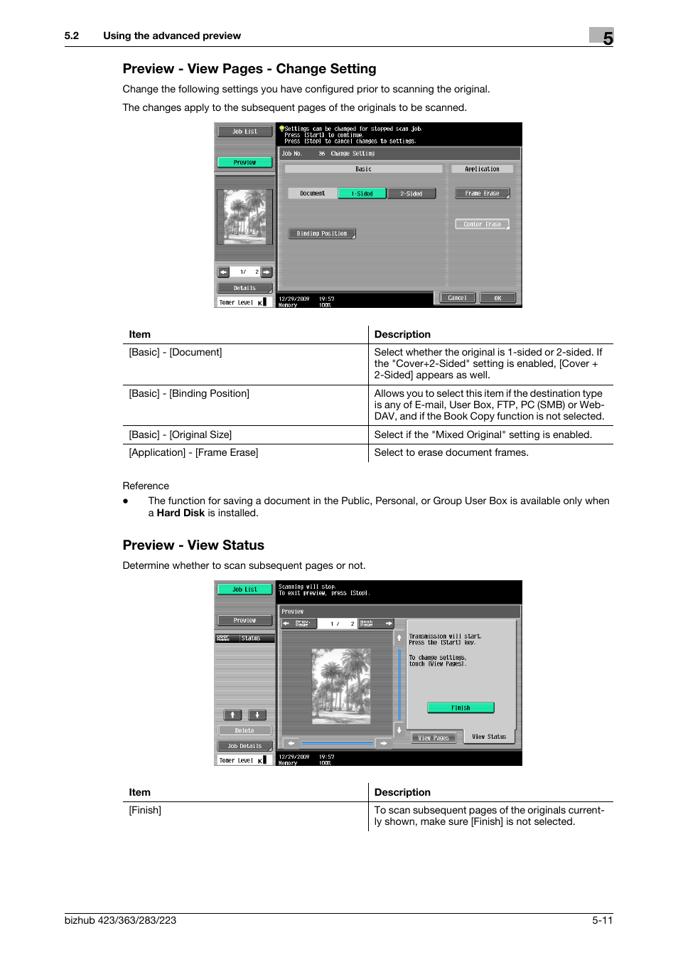 Preview - view status, Preview - view pages - change setting | Konica Minolta BIZHUB 223 User Manual | Page 72 / 319
