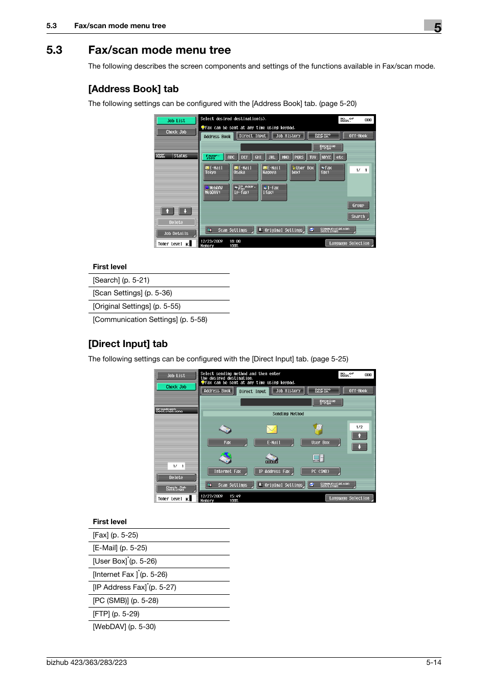3 fax/scan mode menu tree, Address book] tab, Direct input] tab | Konica Minolta BIZHUB 223 User Manual | Page 75 / 319