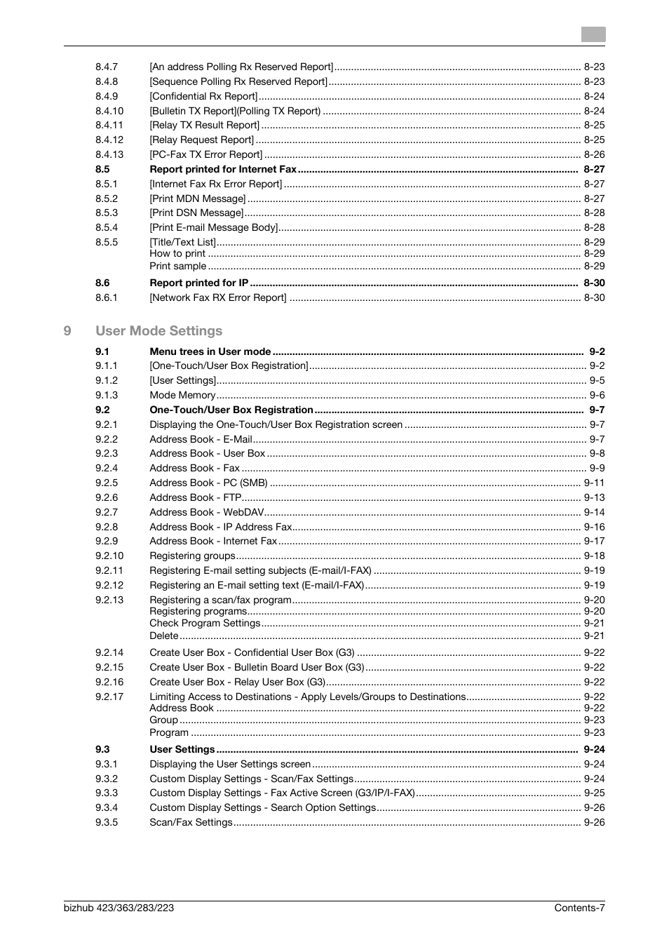 9user mode settings | Konica Minolta BIZHUB 223 User Manual | Page 8 / 319