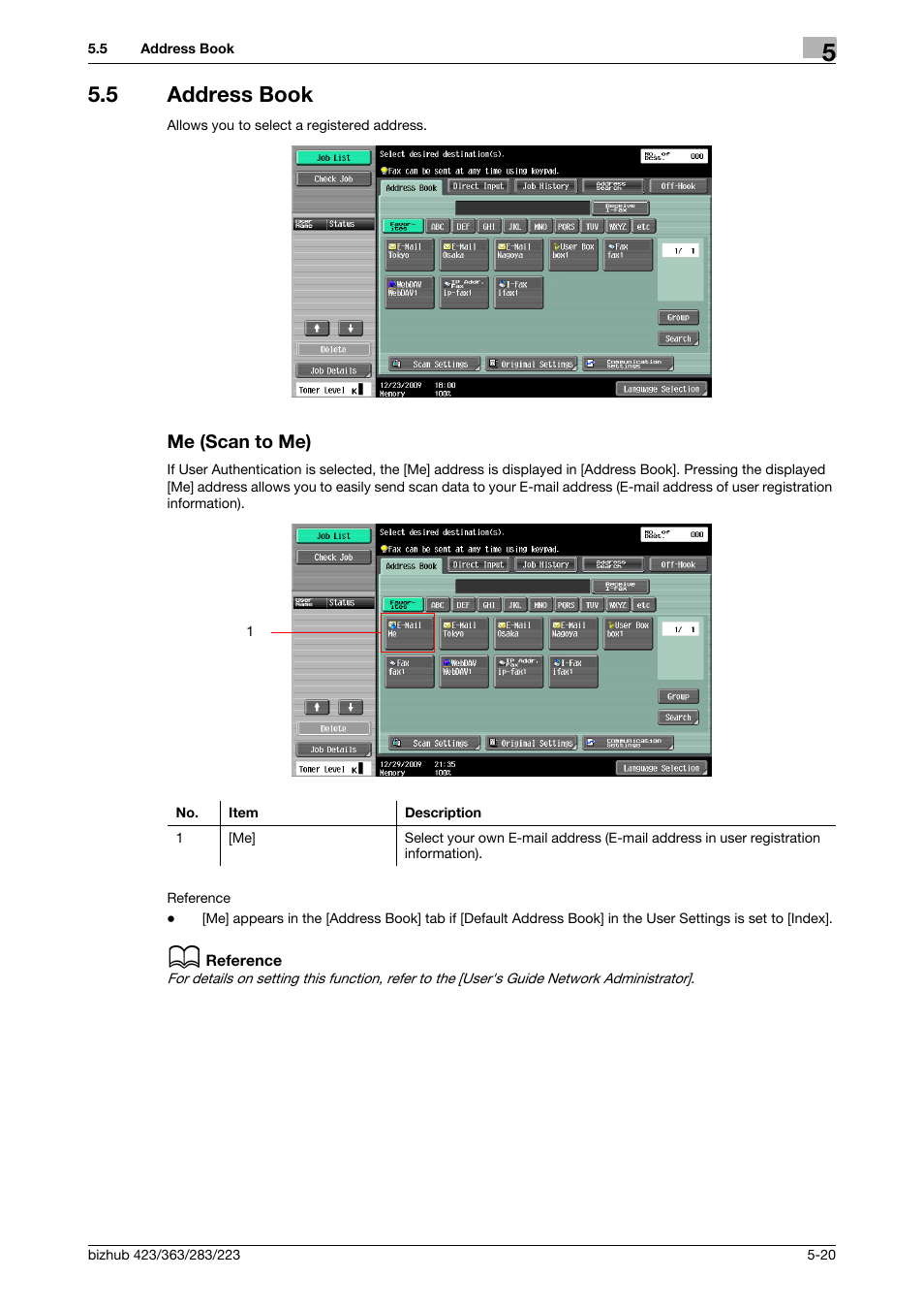 5 address book, Me (scan to me), Address book -20 me (scan to me) -20 | Ook (p. 5-20), P. 5-20 | Konica Minolta BIZHUB 223 User Manual | Page 81 / 319
