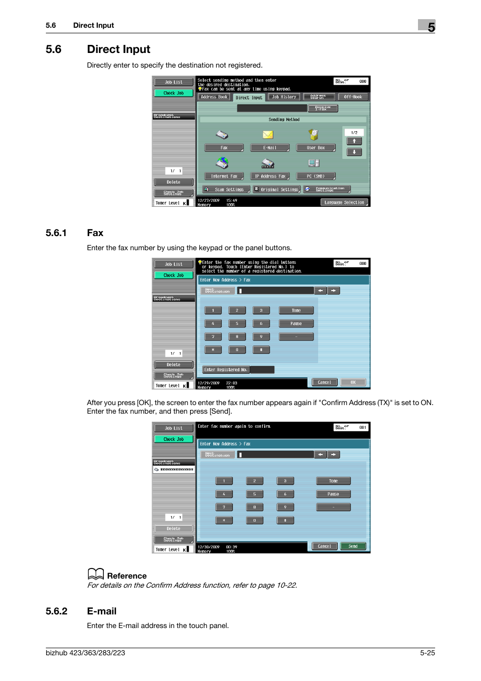 6 direct input, 1 fax, 2 e-mail | Direct input -25, Fax -25, E-mail -25, P. 5-25), T (p. 5-25), Fax] (p. 5-25), Ail] (p. 5-25 | Konica Minolta BIZHUB 223 User Manual | Page 86 / 319