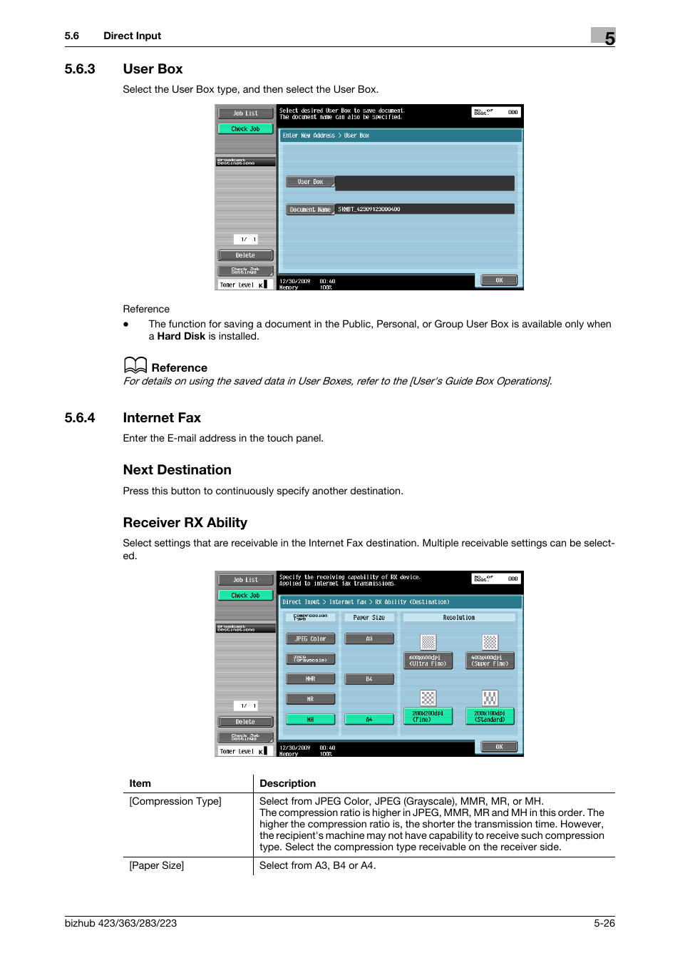 3 user box, 4 internet fax, Next destination | Receiver rx ability, User box -26, P. 5-26) | Konica Minolta BIZHUB 223 User Manual | Page 87 / 319