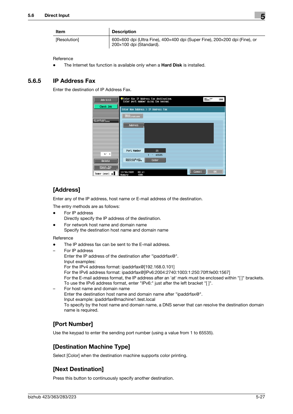 5 ip address fax, Address, Port number | Destination machine type, Next destination, P. 5-27) | Konica Minolta BIZHUB 223 User Manual | Page 88 / 319