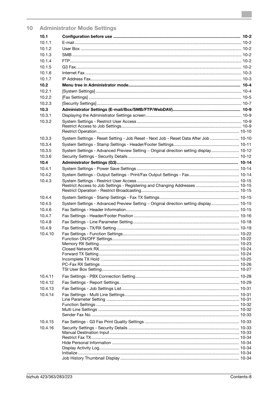 10 administrator mode settings | Konica Minolta BIZHUB 223 User Manual | Page 9 / 319