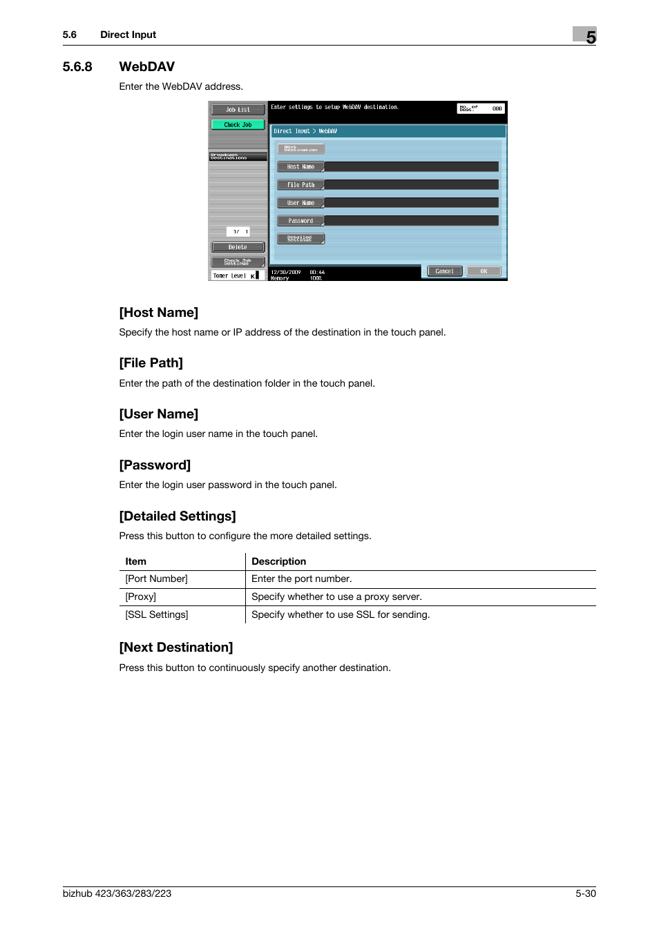 8 webdav, Host name, File path | User name, Password, Detailed settings, Next destination, Webdav] (p. 5-30) | Konica Minolta BIZHUB 223 User Manual | Page 91 / 319