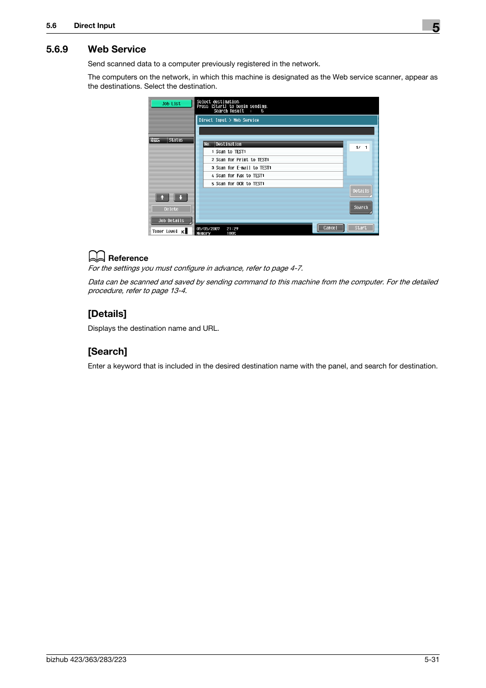 9 web service, Details, Search | Web service -31 [details] -31 [search] -31, Web services] (p. 5-31) | Konica Minolta BIZHUB 223 User Manual | Page 92 / 319