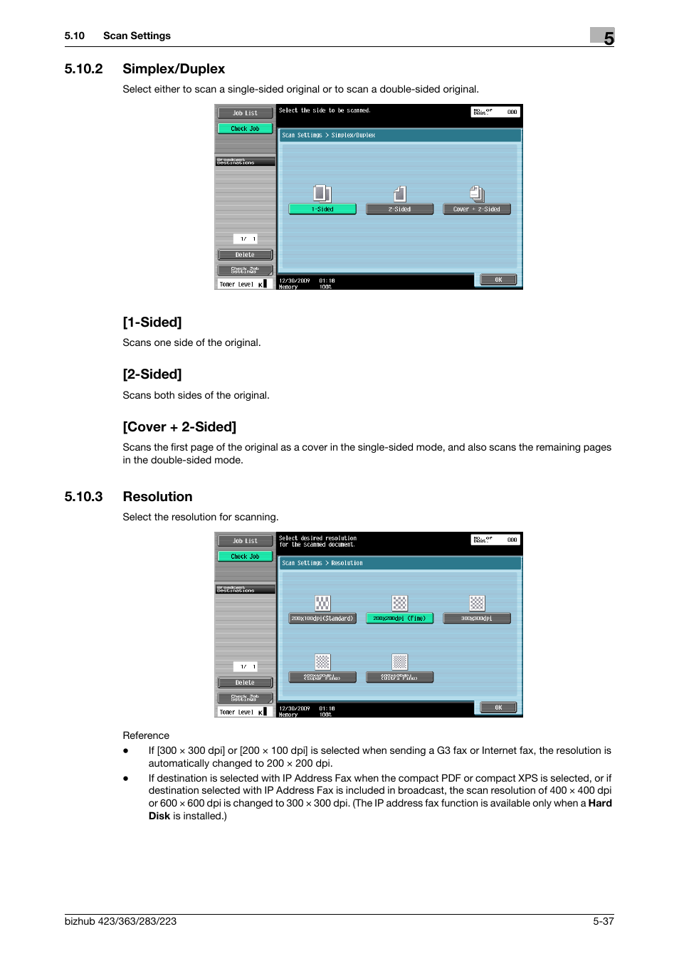 2 simplex/duplex, Sided, Cover + 2-sided | 3 resolution, Resolution -37, P. 5-37), N] (p. 5-37) | Konica Minolta BIZHUB 223 User Manual | Page 98 / 319