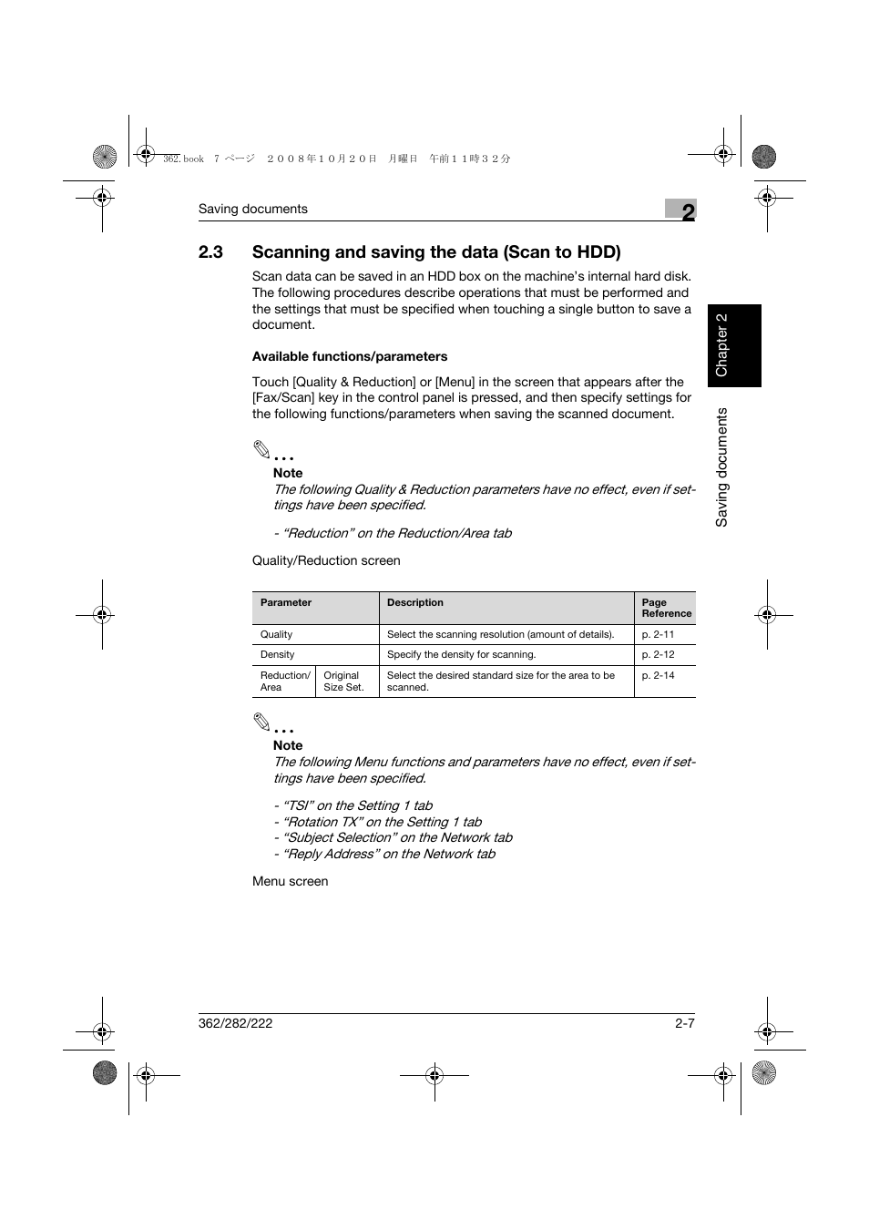 3 scanning and saving the data (scan to hdd), Available functions/parameters, Scanning and saving the data (scan to hdd) -7 | Available functions/parameters -7 | Konica Minolta bizhub 282 User Manual | Page 30 / 204