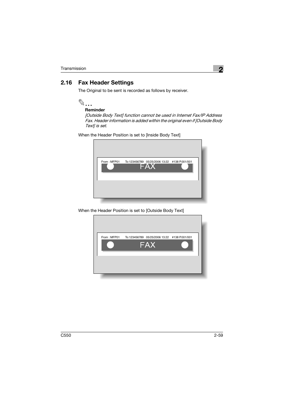 16 fax header settings, Fax header settings -59 | Konica Minolta bizhub C550 User Manual | Page 103 / 403