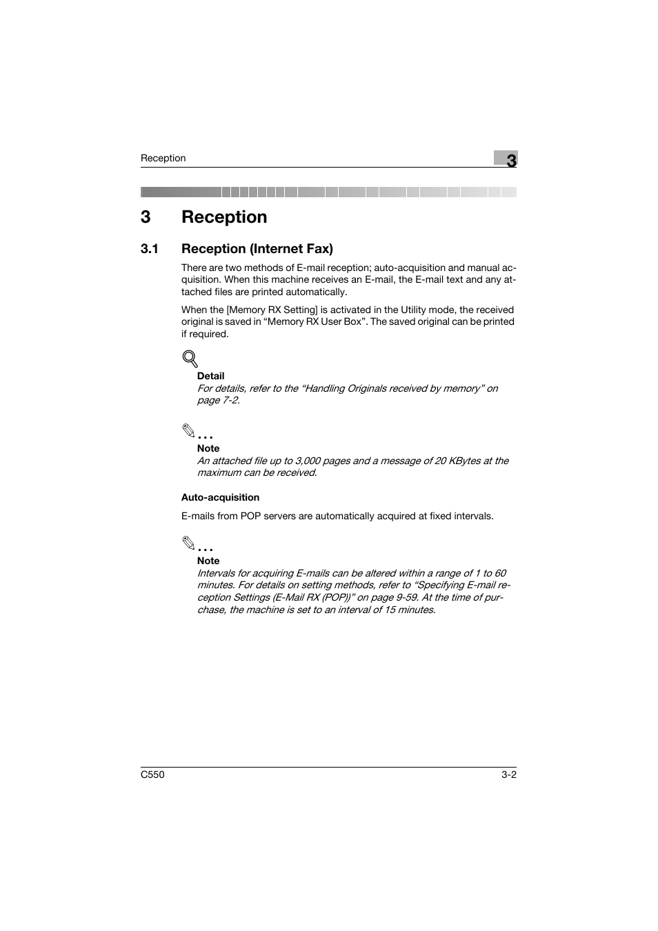 3 reception, 1 reception (internet fax), Auto-acquisition | Reception, Reception (internet fax) -2, Auto-acquisition -2, 3reception | Konica Minolta bizhub C550 User Manual | Page 113 / 403