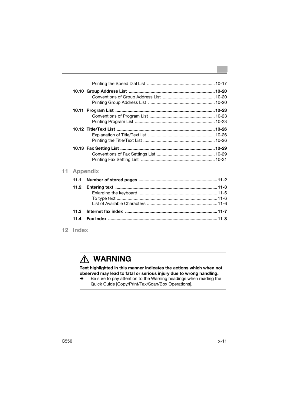 7 warning, 11 appendix, 12 index | Konica Minolta bizhub C550 User Manual | Page 12 / 403
