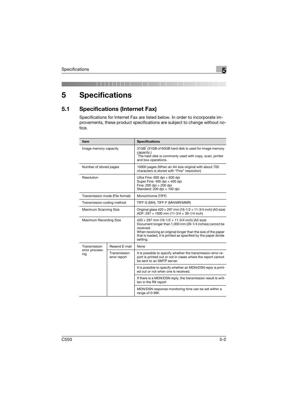 5 specifications, 1 specifications (internet fax), Specifications | Specifications (internet fax) -2, 5specifications | Konica Minolta bizhub C550 User Manual | Page 142 / 403
