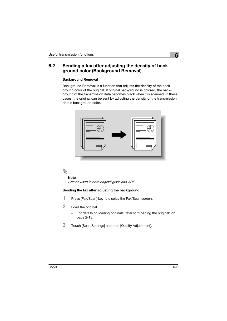 Background removal, Sending the fax after adjusting the background | Konica Minolta bizhub C550 User Manual | Page 150 / 403