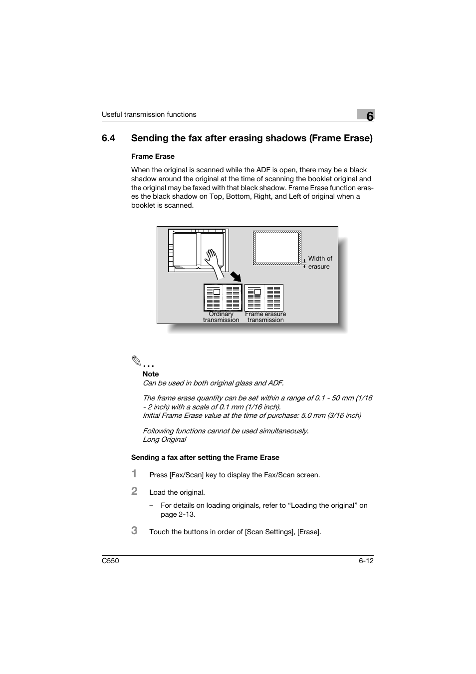 Frame erase, Sending a fax after setting the frame erase | Konica Minolta bizhub C550 User Manual | Page 156 / 403