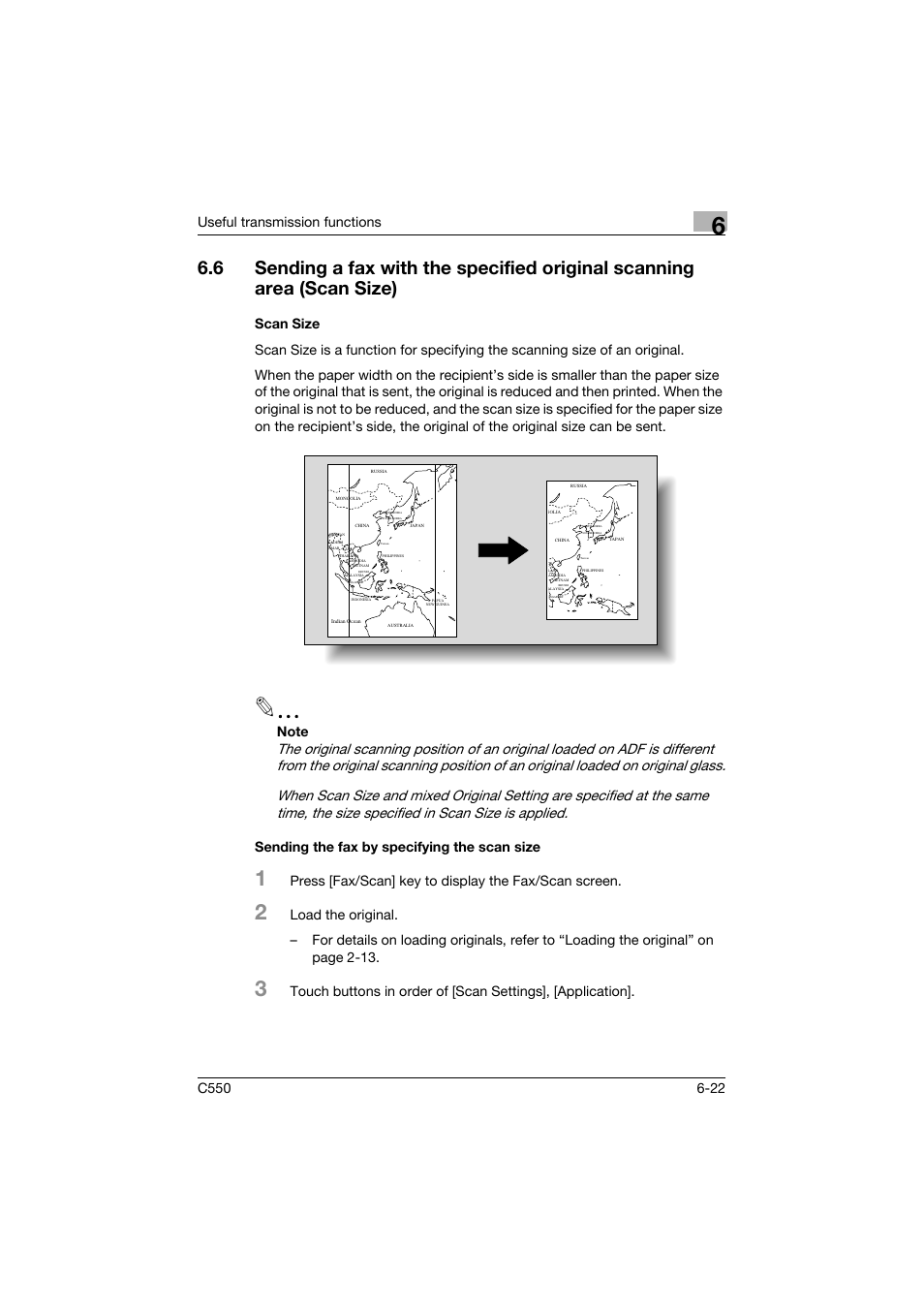 Scan size, Sending the fax by specifying the scan size, Useful transmission functions | Konica Minolta bizhub C550 User Manual | Page 166 / 403
