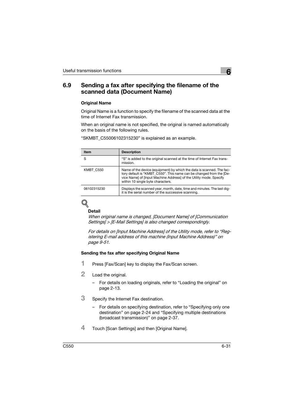 Original name, Sending the fax after specifying original name | Konica Minolta bizhub C550 User Manual | Page 175 / 403