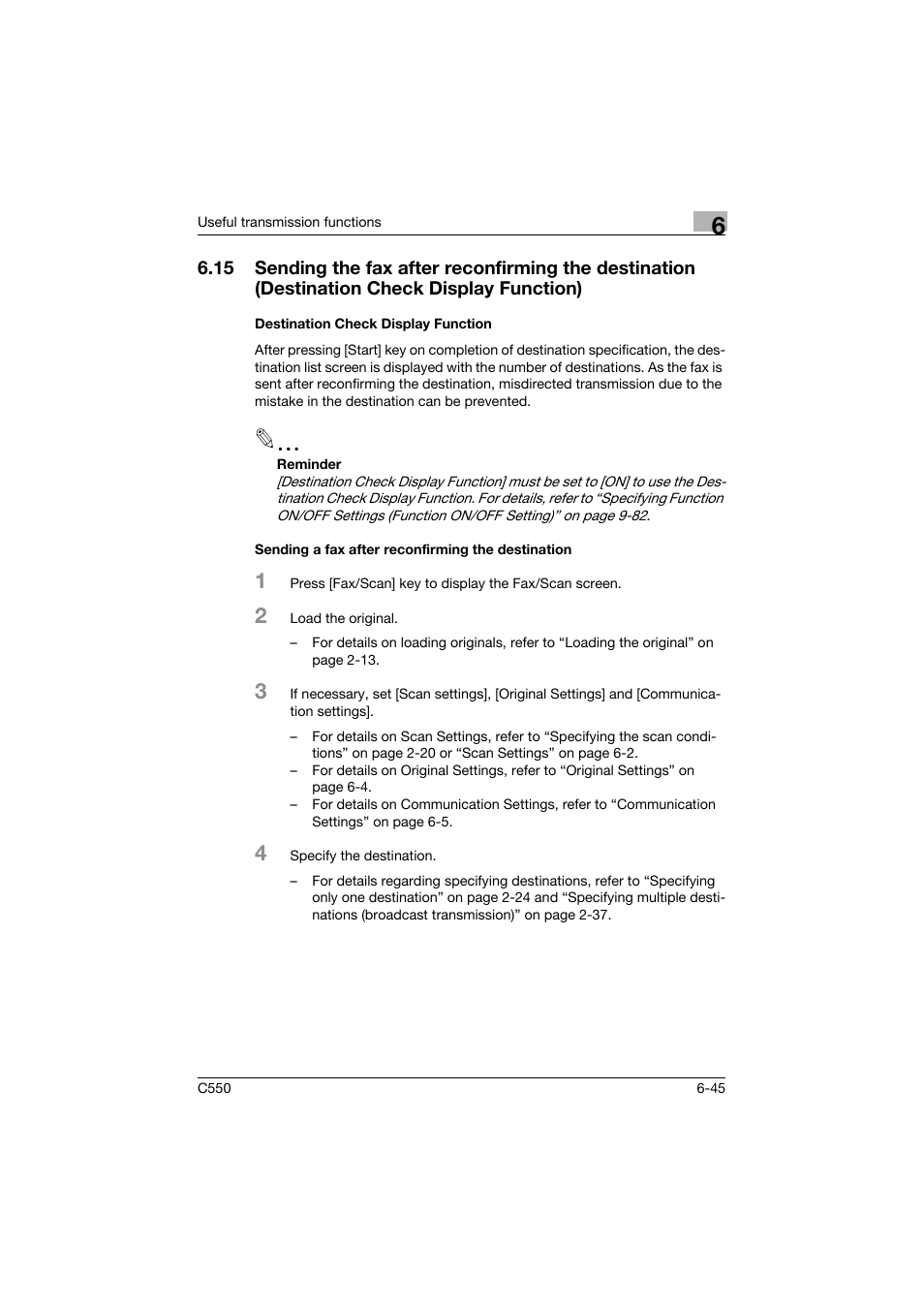 Destination check display function, Sending a fax after reconfirming the destination | Konica Minolta bizhub C550 User Manual | Page 189 / 403