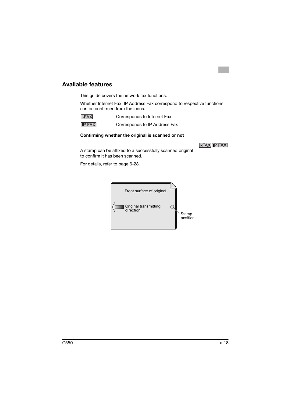 Available features, Confirming whether the original is scanned or not | Konica Minolta bizhub C550 User Manual | Page 19 / 403