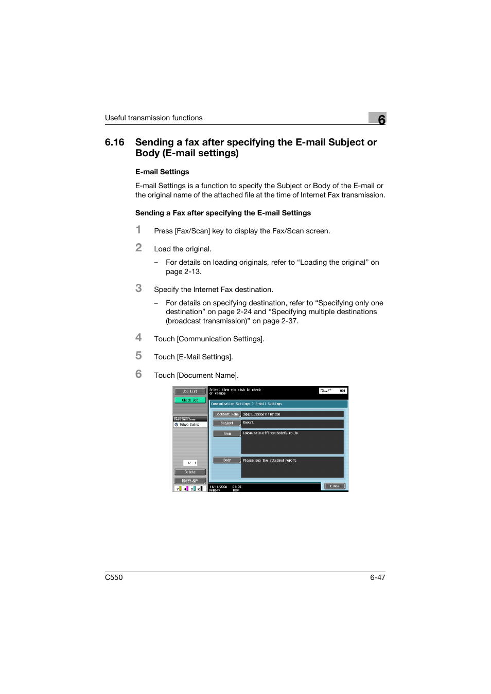 E-mail settings, Sending a fax after specifying the e-mail settings | Konica Minolta bizhub C550 User Manual | Page 191 / 403