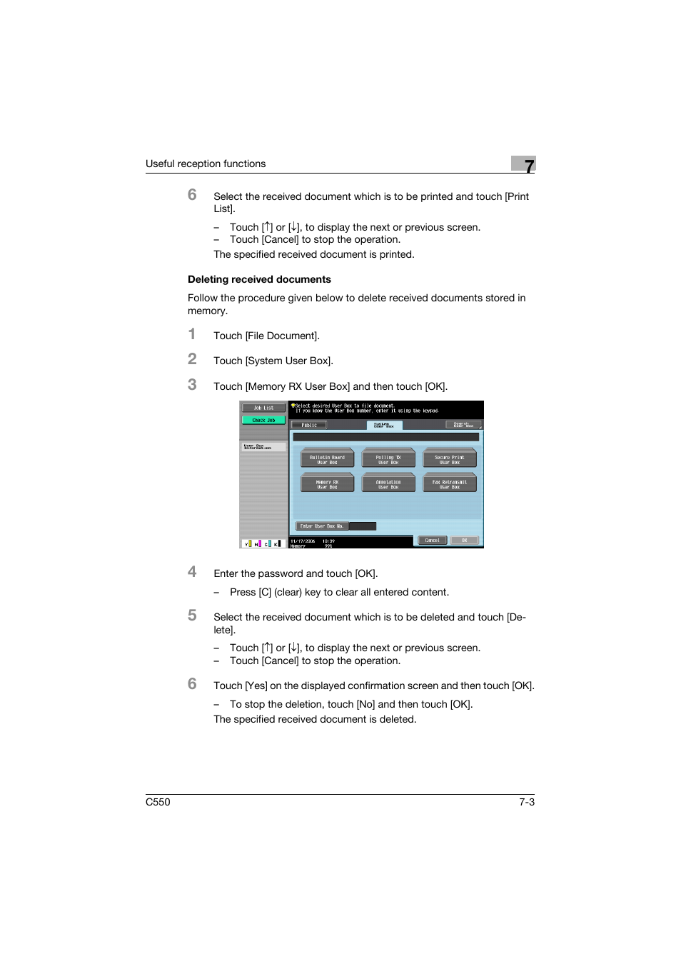 Deleting received documents, Deleting received documents -3 | Konica Minolta bizhub C550 User Manual | Page 200 / 403