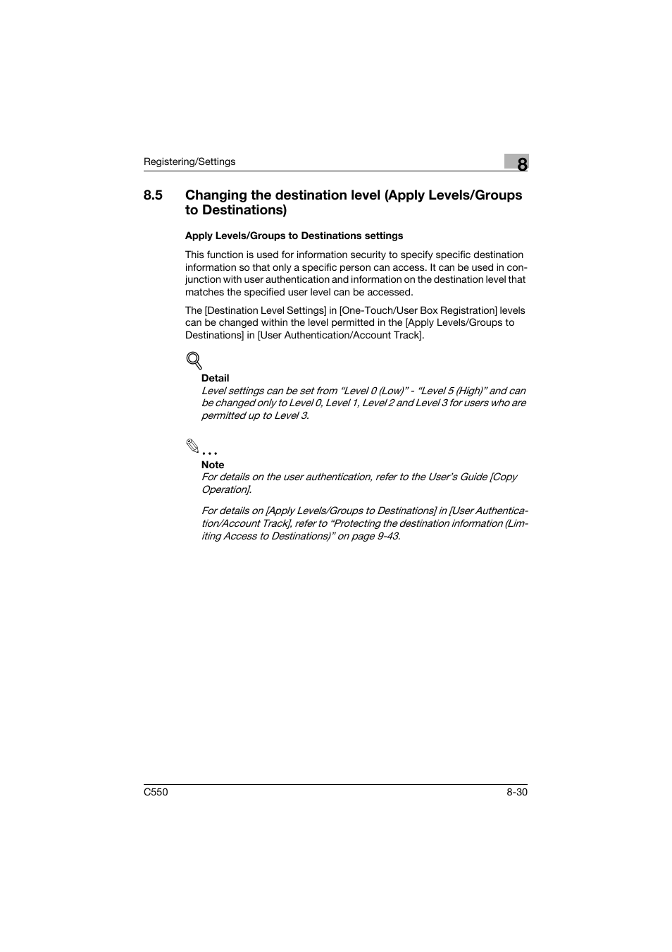 Apply levels/groups to destinations settings, Apply levels/groups to destinations settings -30 | Konica Minolta bizhub C550 User Manual | Page 231 / 403