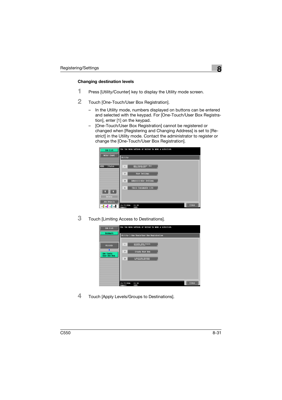 Changing destination levels, Changing destination levels -31 | Konica Minolta bizhub C550 User Manual | Page 232 / 403