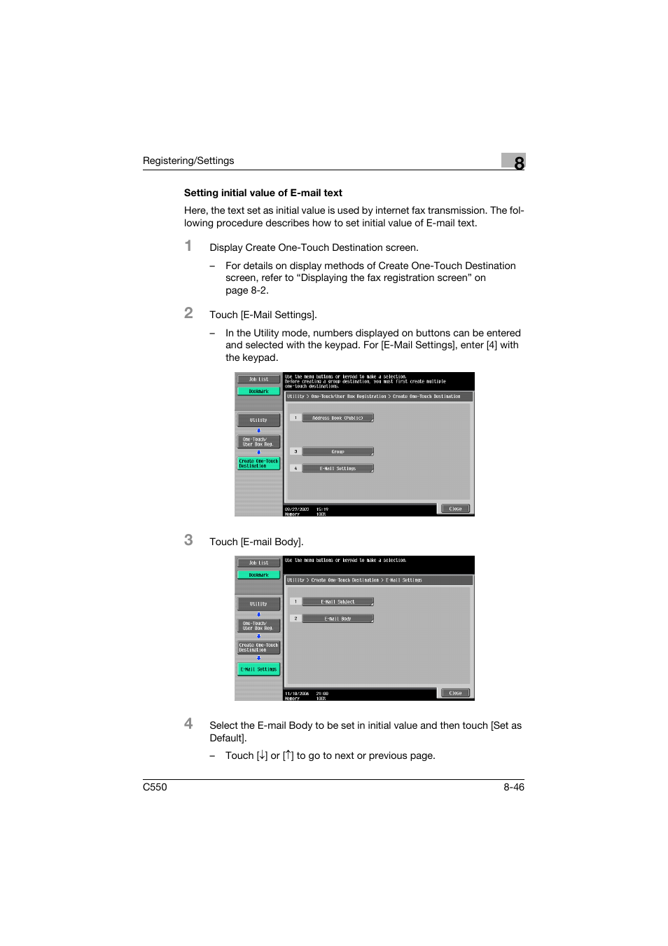 Setting initial value of e-mail text, Setting initial value of e-mail text -46 | Konica Minolta bizhub C550 User Manual | Page 247 / 403