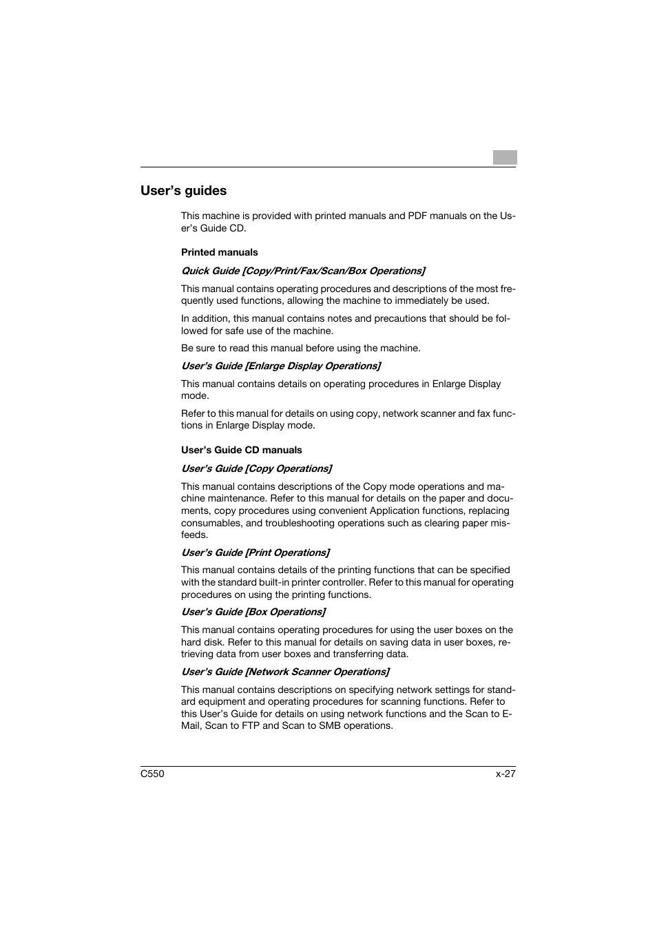 User’s guides, Printed manuals, User’s guide cd manuals | Konica Minolta bizhub C550 User Manual | Page 28 / 403
