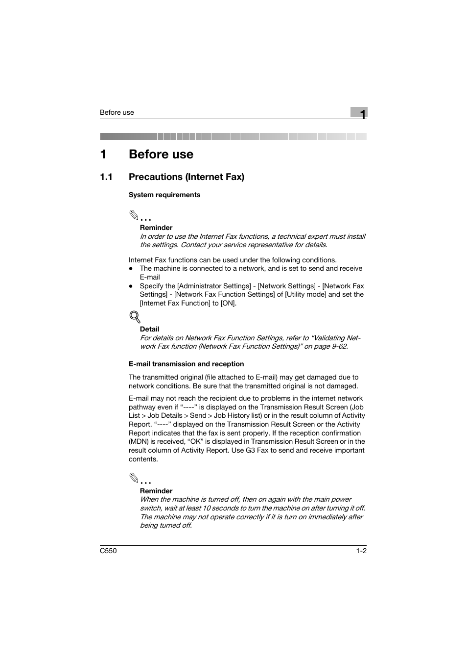 1 before use, 1 precautions (internet fax), System requirements | E-mail transmission and reception, Before use, Precautions (internet fax) -2, 1before use | Konica Minolta bizhub C550 User Manual | Page 31 / 403