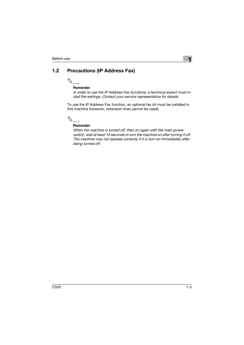 2 precautions (ip address fax), Precautions (ip address fax) -3 | Konica Minolta bizhub C550 User Manual | Page 32 / 403