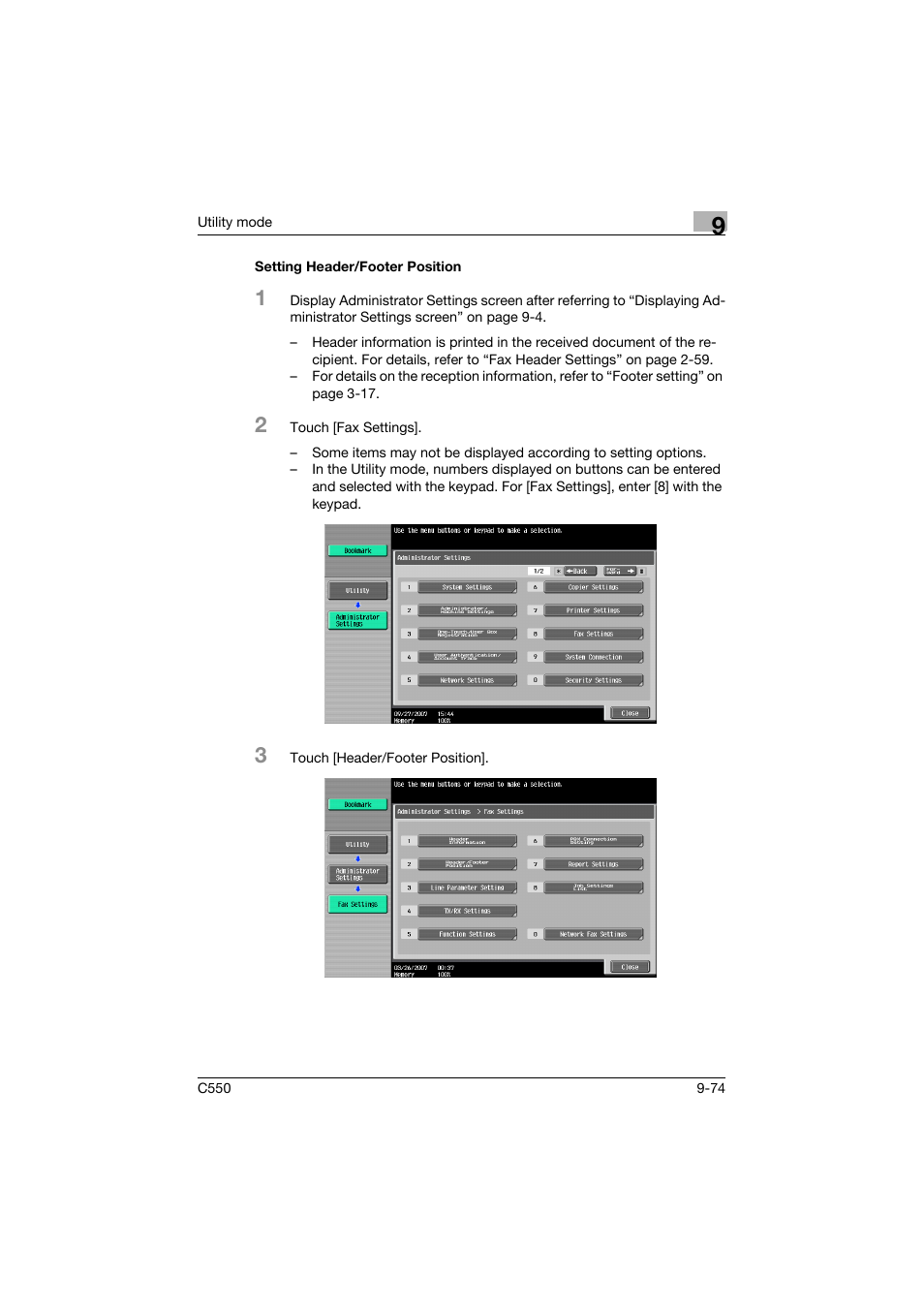 Setting header/footer position, Setting header/footer position -74 | Konica Minolta bizhub C550 User Manual | Page 324 / 403