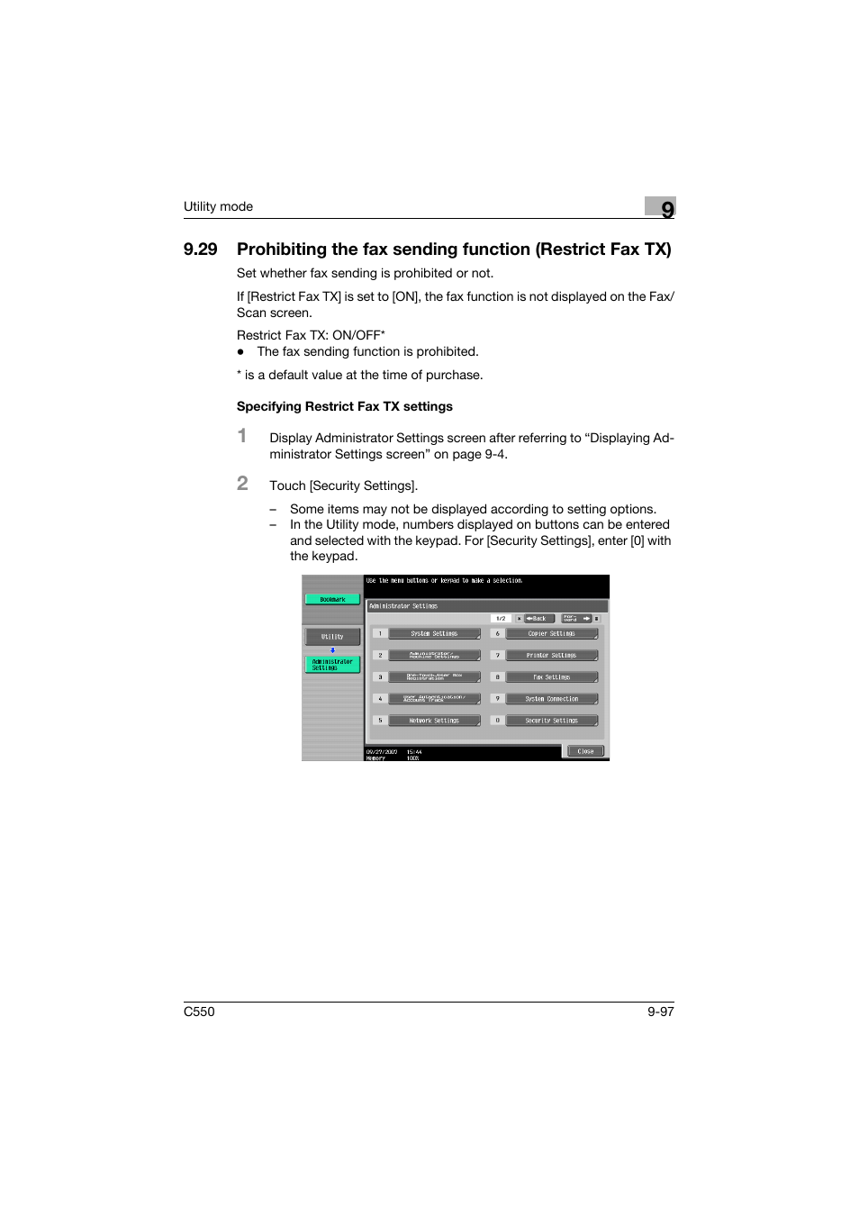 Specifying restrict fax tx settings, Specifying restrict fax tx settings -97 | Konica Minolta bizhub C550 User Manual | Page 347 / 403