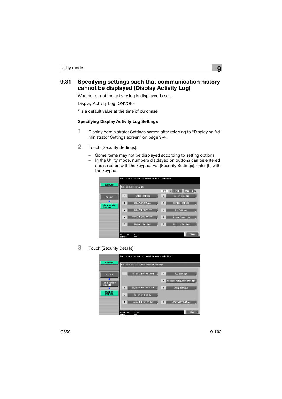 Specifying display activity log settings, Specifying display activity log settings -103 | Konica Minolta bizhub C550 User Manual | Page 353 / 403